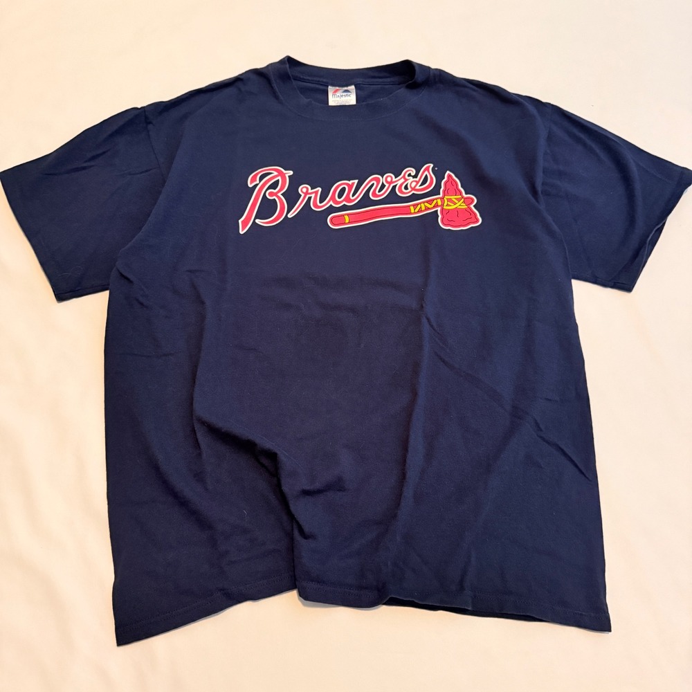 Majestic Atlanta Braves T Shirt Mens XL Navy Y2K Chipper Jones 10 Graphic Tee
